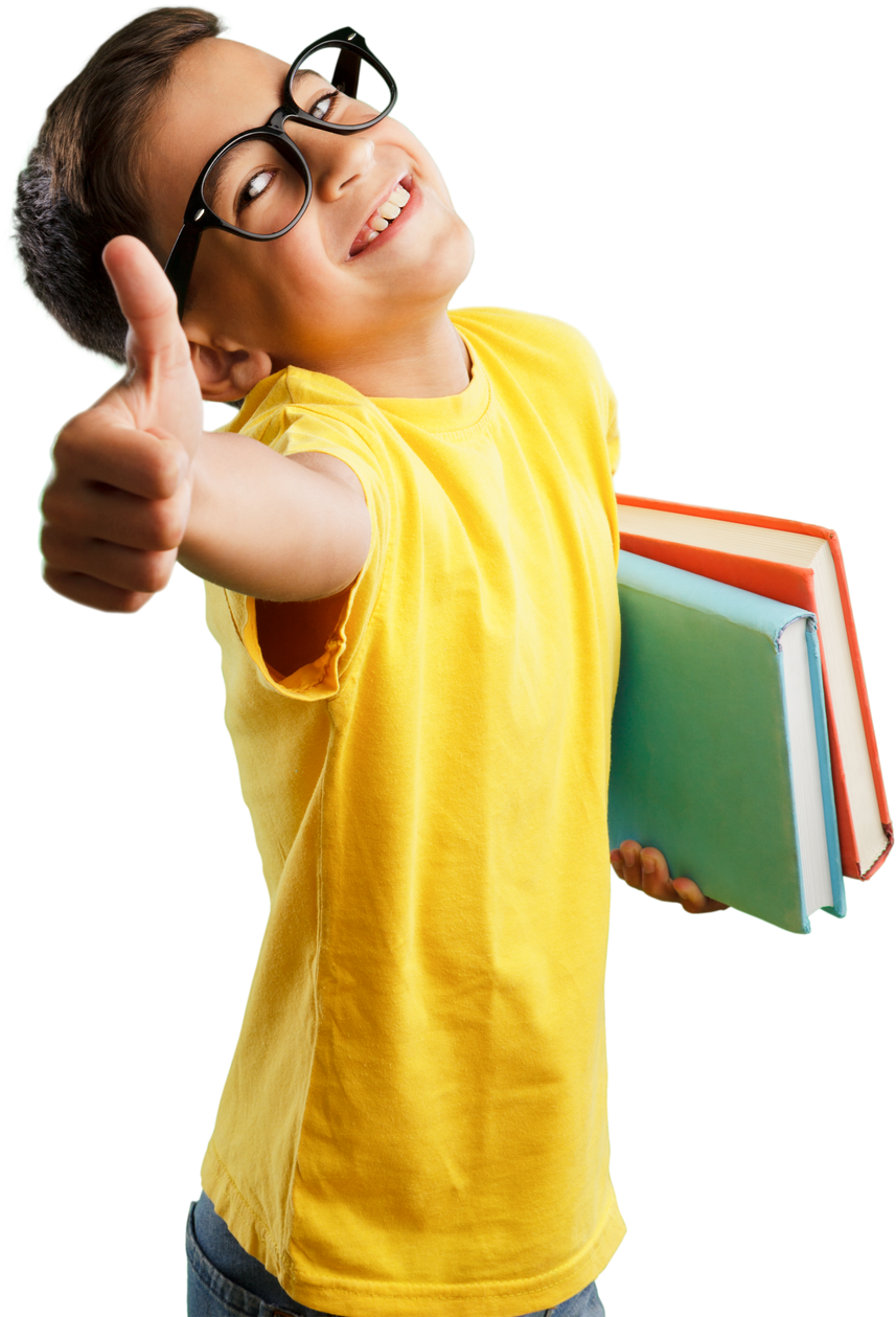 Happy Child Boy with Book and Bag Breaking through